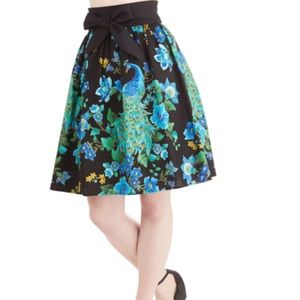 Peacock Print Multi-Color Tie-Waist Full Skirt